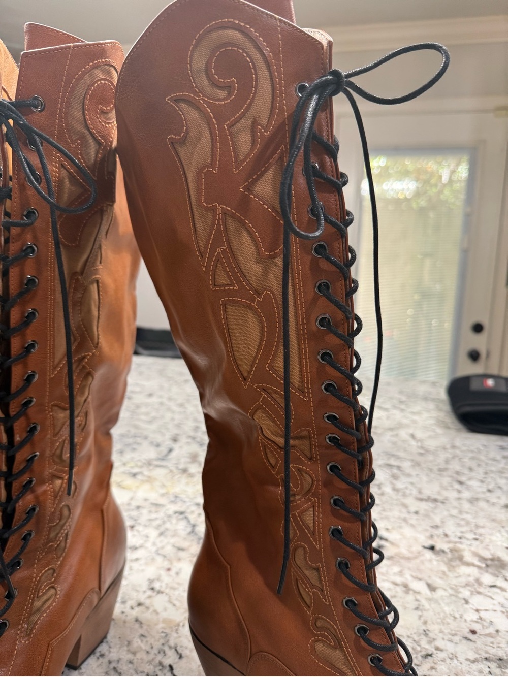 Lace-Up Knee-High man made pleather Boots in Brown - Picture 2 of 3